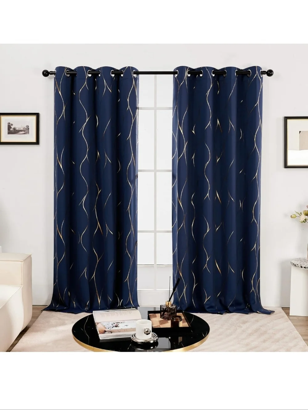 Deconovo Gold And Navy Wave Print Blackout Curtains Set (2 Panels)